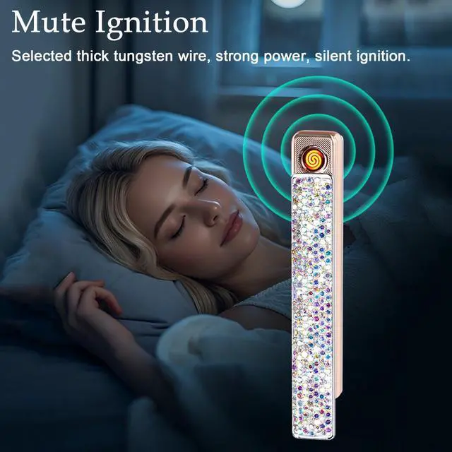 Alt view image 4 of 7 - Electric Lighter, Windproof Flameless Bling Lighters - Type-C Rechargeable, Pull-Out Ignition with Thickened Tungsten, Rhinestone Decorative Design, Gift for Women & Girls (Pink)