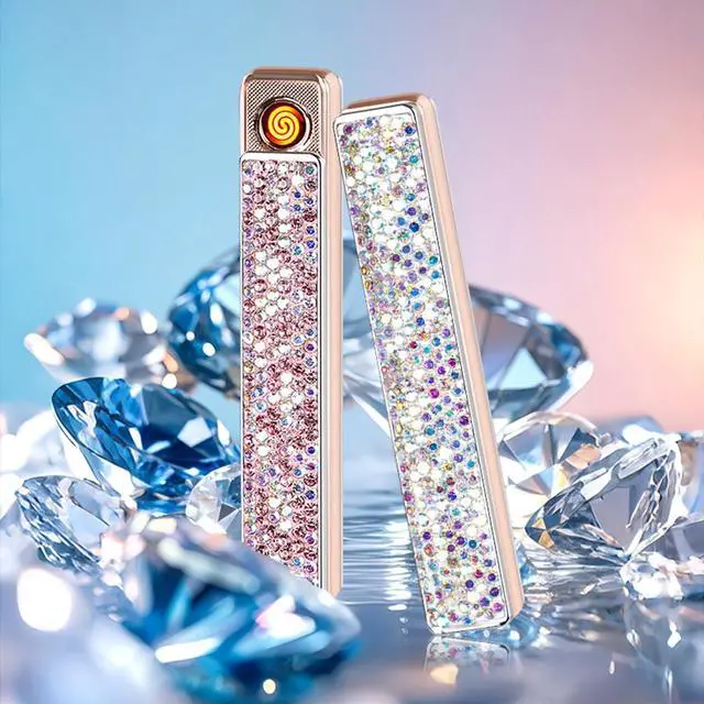 Alt view image 7 of 7 - Electric Lighter, Windproof Flameless Bling Lighters - Type-C Rechargeable, Pull-Out Ignition with Thickened Tungsten, Rhinestone Decorative Design, Gift for Women & Girls (Pink)