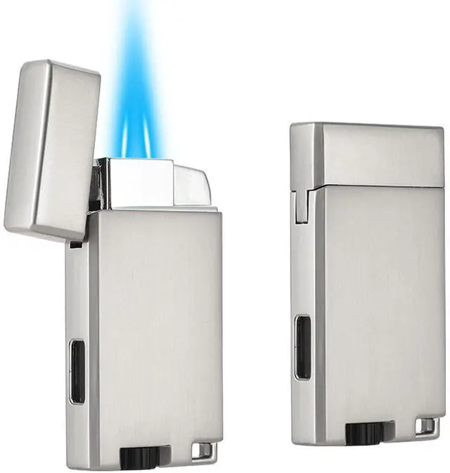 Main image of Copmotds Refillable Butane Torch Lighter with Keyhole and Visible Window, 2 Pack Adjustable Pocket Lighter and Perfect for Men, 1-Year Warranty, Great Gift Idea! Without Gas(Brushed Silver)