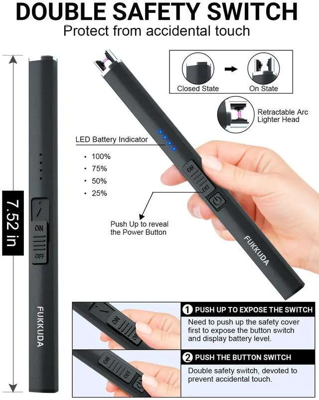 Alt view image 5 of 7 - FUKKUDA Electric Candle Lighter with Safety Switch - USB Rechargeable Windproof & Flameless Plasma Arc Lighter, Christmas Stocking Stuffers Gifts for Women and Men (Obsidian Black)