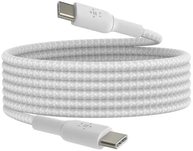 Main image of Belkin BoostCharge Braided USB-C to USB-C Cable (2M/6.6ft) for iPhone 17, iPhone 17 Pro, iPhone 16, iPhone 16 Pro, Galaxy S25, S24, Note, Pixel 9, iPad Pro, Nintendo Switch 2 & More - White (2-Pack)