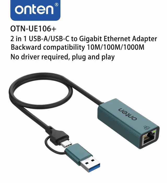 Alt view image 2 of 6 - Onten USB-A and USB-C to Ethernet Adapter,Driver Free RJ45 to USB C or USB A, Gigabit Ethernet LAN Network Adapter for Windows,Mac OS, iOS and More