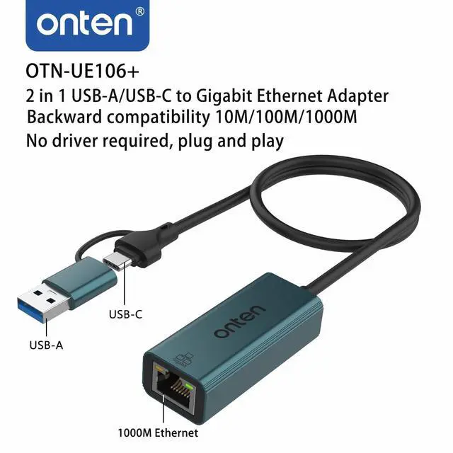 Alt view image 4 of 6 - Onten USB-A and USB-C to Ethernet Adapter,Driver Free RJ45 to USB C or USB A, Gigabit Ethernet LAN Network Adapter for Windows,Mac OS, iOS and More