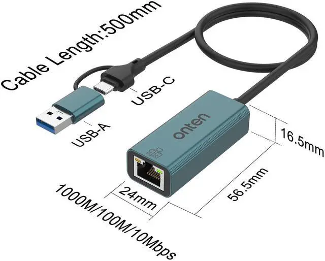Alt view image 6 of 6 - Onten USB-A and USB-C to Ethernet Adapter,Driver Free RJ45 to USB C or USB A, Gigabit Ethernet LAN Network Adapter for Windows,Mac OS, iOS and More