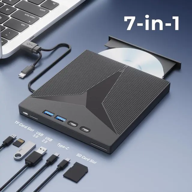 Alt view image 4 of 7 - 7 in 1 External CD Drive, Portable External CD/DVD Drive for Laptop, USB 3.0 & Type-C CD Burner CD ROM External Drive for Laptop, DVD Drive USB External with SD/TF Card for Desktop Windows Mac Linux