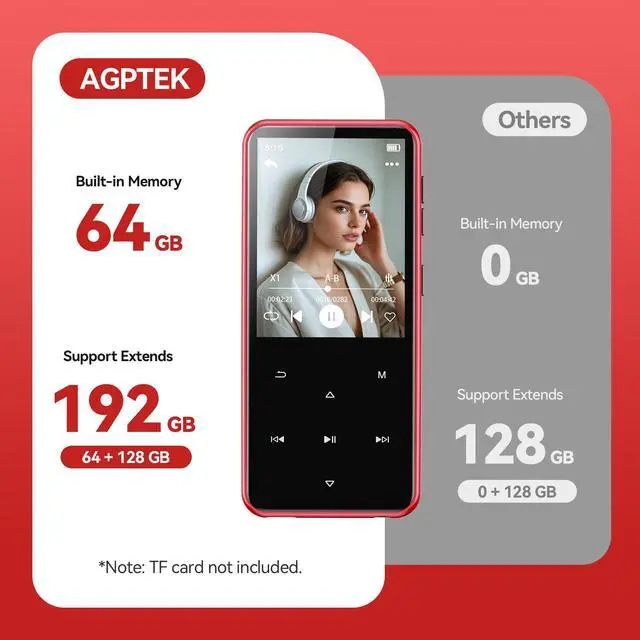 Alt view image 6 of 7 - AGPTEK 64GB MP3 Player with Bluetooth, M3 2.4 inch Music Player with Speaker and FM Radio, Touch Buttons, Supports Up to 128GB (Black Red)