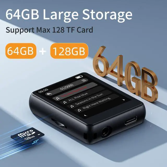 Alt view image 3 of 7 - 64GB MP3 Player with Bluetooth, Full Touch Screen Portable Music MP3 Player Built-in HD Speaker, FM Radio, Voice Recorder, Mini Design Sports Music Player Support Expansion (128GB)