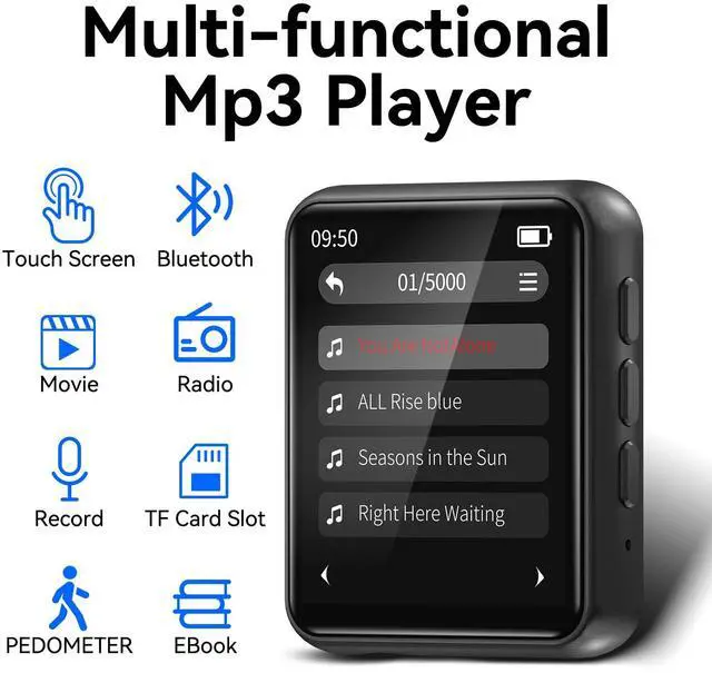 Alt view image 6 of 7 - 64GB MP3 Player with Bluetooth, Full Touch Screen Portable Music MP3 Player Built-in HD Speaker, FM Radio, Voice Recorder, Mini Design Sports Music Player Support Expansion (128GB)
