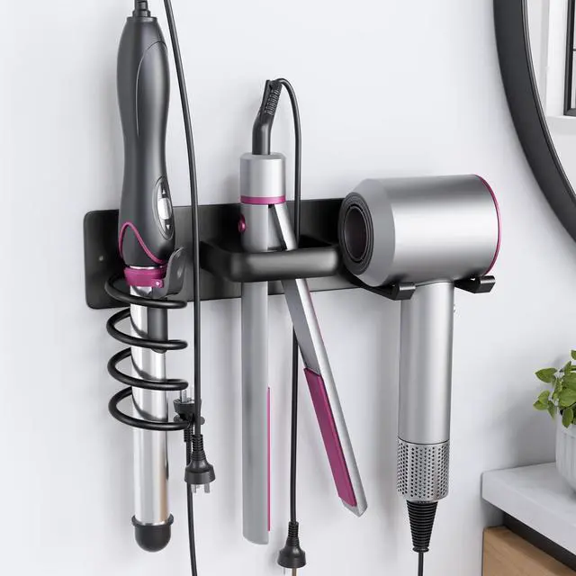 Main image of Tindbea Hair Dryer Holder Curling Iron Holder Flat Iron, Blow Dryer Holder Wall Mount, 3 in 1 Bathroom Hair Tool Organizer Rack for Universal Dryer, Matte Black