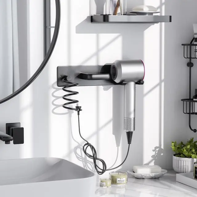 Alt view image 2 of 5 - Tindbea Hair Dryer Holder Curling Iron Holder Flat Iron, Blow Dryer Holder Wall Mount, 3 in 1 Bathroom Hair Tool Organizer Rack for Universal Dryer, Matte Black
