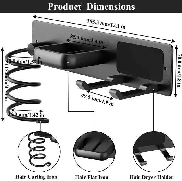 Alt view image 3 of 5 - Tindbea Hair Dryer Holder Curling Iron Holder Flat Iron, Blow Dryer Holder Wall Mount, 3 in 1 Bathroom Hair Tool Organizer Rack for Universal Dryer, Matte Black