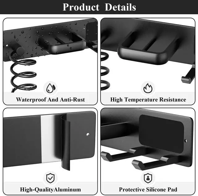 Alt view image 4 of 5 - Tindbea Hair Dryer Holder Curling Iron Holder Flat Iron, Blow Dryer Holder Wall Mount, 3 in 1 Bathroom Hair Tool Organizer Rack for Universal Dryer, Matte Black