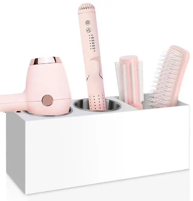 Main image of Bollmisde Hair Tool Organizer, Hair Dryer Holder with Heatproof Steel Cups, Acrylic Vanity Organizer for Curling Iron, Flat Iron & Hair Brushes, Perfect for Bathroom (White, Standard)