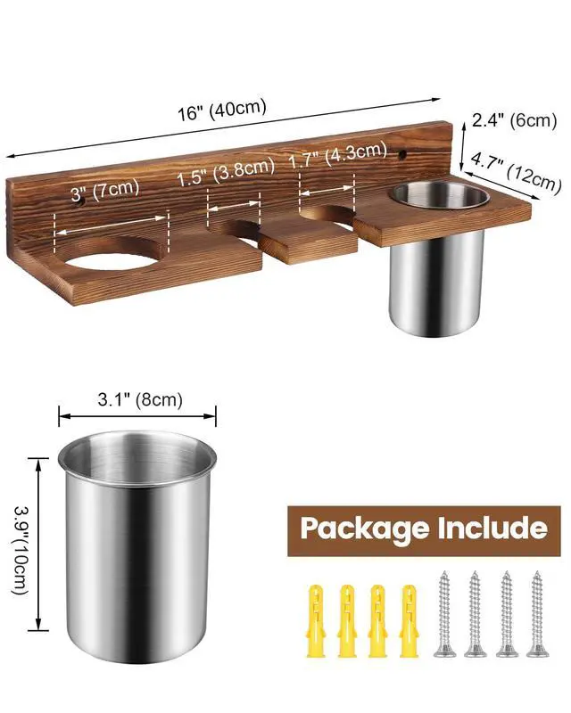 Alt view image 4 of 6 - SLLPL Hair Tool Organizer for Bathroom Wall Mounted Hair Dryer Holder with Heat-Resistant Cups, Curling Iron & Straightener Rack, Blow Dryer Organizer for Vanity or Wall (Brown)