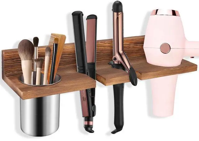 Main image of SLLPL Hair Tool Organizer for Bathroom Wall Mounted Hair Dryer Holder with Heat-Resistant Cups, Curling Iron & Straightener Rack, Blow Dryer Organizer for Vanity or Wall (Brown)