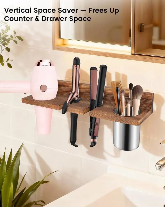 Alt view image 2 of 6 - SLLPL Hair Tool Organizer for Bathroom Wall Mounted Hair Dryer Holder with Heat-Resistant Cups, Curling Iron & Straightener Rack, Blow Dryer Organizer for Vanity or Wall (Brown)