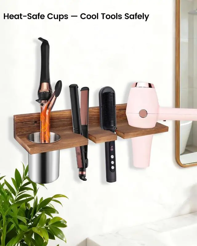 Alt view image 3 of 6 - SLLPL Hair Tool Organizer for Bathroom Wall Mounted Hair Dryer Holder with Heat-Resistant Cups, Curling Iron & Straightener Rack, Blow Dryer Organizer for Vanity or Wall (Brown)