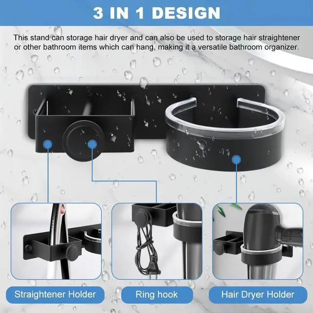 Alt view image 5 of 7 - Hair Dryer Holder Wall Mounted, Hair Dryer and Straightener Holder, Hair Tool Organizer for Bathroom, Suitable for Most of Hair Dryers(Color:Black)