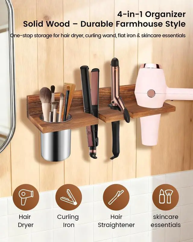 Alt view image 5 of 6 - SLLPL Hair Tool Organizer for Bathroom Wall Mounted Hair Dryer Holder with Heat-Resistant Cups, Curling Iron & Straightener Rack, Blow Dryer Organizer for Vanity or Wall (Brown)