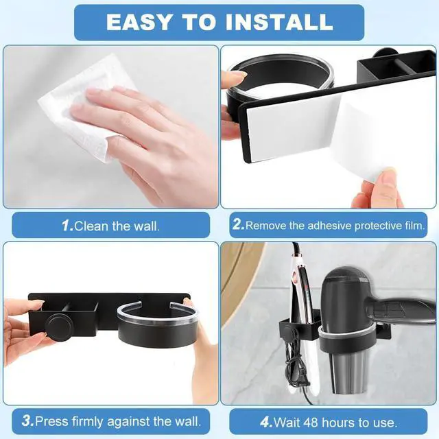 Alt view image 7 of 7 - Hair Dryer Holder Wall Mounted, Hair Dryer and Straightener Holder, Hair Tool Organizer for Bathroom, Suitable for Most of Hair Dryers(Color:Black)