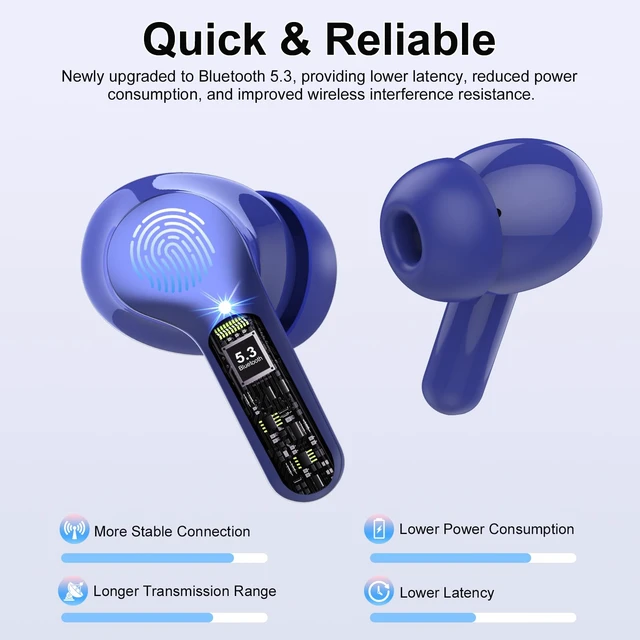 Alt view image 2 of 7 - Wireless Earbuds, Bluetooth 5.4 Headphones HiFi Stereo, Bluetooth Earbuds With ENC Noise Cancelling Mic, IP7 Waterproof in Ear Earphones, 48H, LED Display Ear buds for Pad Workout Sports, Blue
