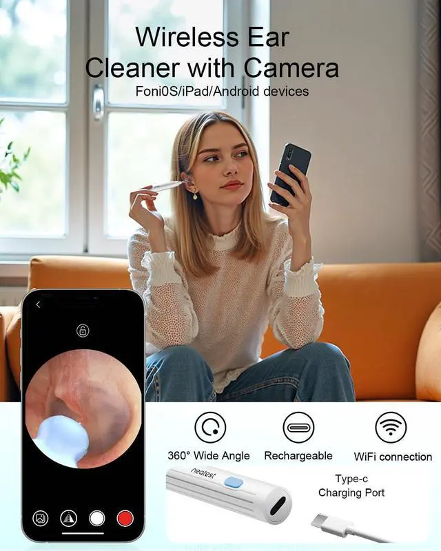 Alt view image 2 of 7 - Ear Wax Removal- Earwax Remover Tool with 1296P HD Camera, Ear Canal Cleaner with 6 LED Lights 8 Different Rechargeable Ear Cleaning Kit, Smart Ear Camera for iOS & Android (White)