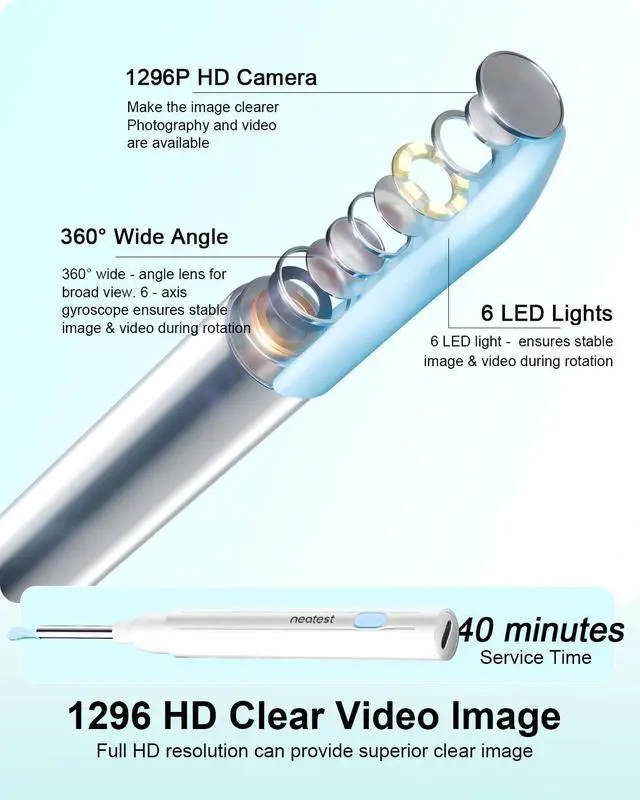 Alt view image 3 of 7 - Ear Wax Removal- Earwax Remover Tool with 1296P HD Camera, Ear Canal Cleaner with 6 LED Lights 8 Different Rechargeable Ear Cleaning Kit, Smart Ear Camera for iOS & Android (White)