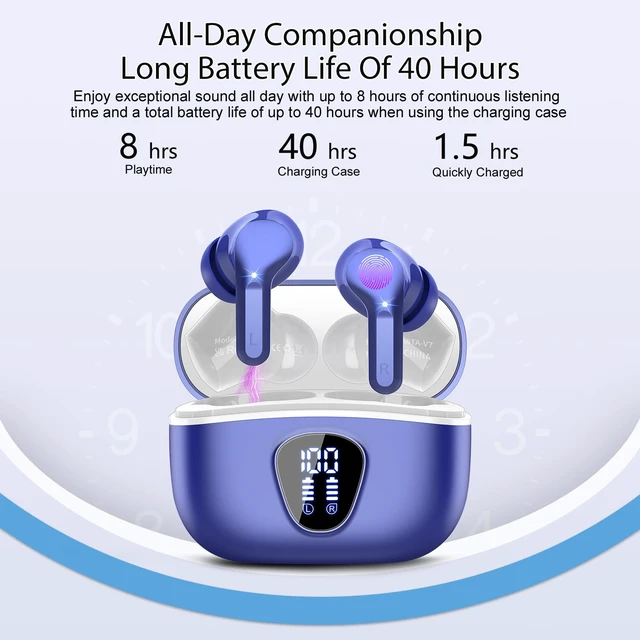Alt view image 4 of 7 - Wireless Earbuds, Bluetooth 5.4 Headphones HiFi Stereo, Bluetooth Earbuds With ENC Noise Cancelling Mic, IP7 Waterproof in Ear Earphones, 48H, LED Display Ear buds for Pad Workout Sports, Blue