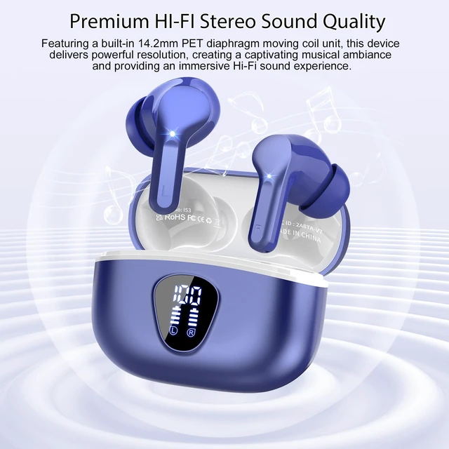 Alt view image 5 of 7 - Wireless Earbuds, Bluetooth 5.4 Headphones HiFi Stereo, Bluetooth Earbuds With ENC Noise Cancelling Mic, IP7 Waterproof in Ear Earphones, 48H, LED Display Ear buds for Pad Workout Sports, Blue