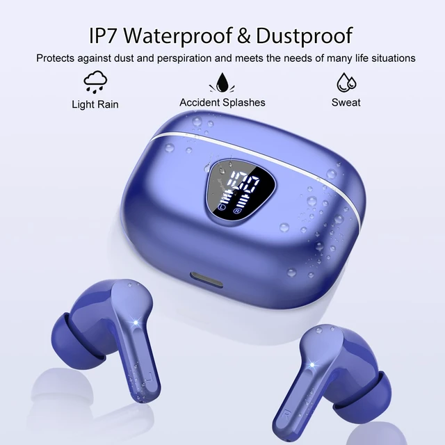 Alt view image 7 of 7 - Wireless Earbuds, Bluetooth 5.4 Headphones HiFi Stereo, Bluetooth Earbuds With ENC Noise Cancelling Mic, IP7 Waterproof in Ear Earphones, 48H, LED Display Ear buds for Pad Workout Sports, Blue
