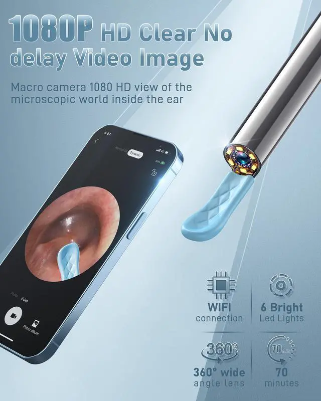 Alt view image 2 of 6 - Loyker Ear Wax Removal Tool Camera, Ear Cleaner with 1080P Camera, Earwax Removal Cleaning Kit with 6 Ear Pick, Otoscope for iPhone, iPad, Android Phones, Blue