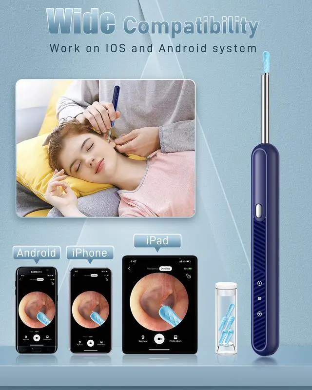 Alt view image 6 of 6 - Loyker Ear Wax Removal Tool Camera, Ear Cleaner with 1080P Camera, Earwax Removal Cleaning Kit with 6 Ear Pick, Otoscope for iPhone, iPad, Android Phones, Blue