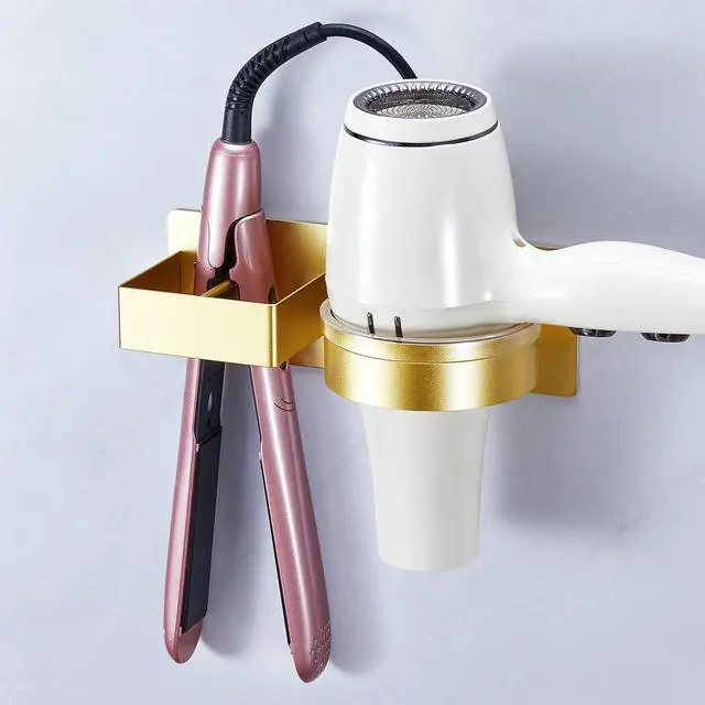 Main image of Wall Mount Hair Dryer and Straightener Holder, Metal Blow Dryer Holder Rack Adhesive, Hairdryer Holder for Bathroom Salon Barber Shops (Gold)