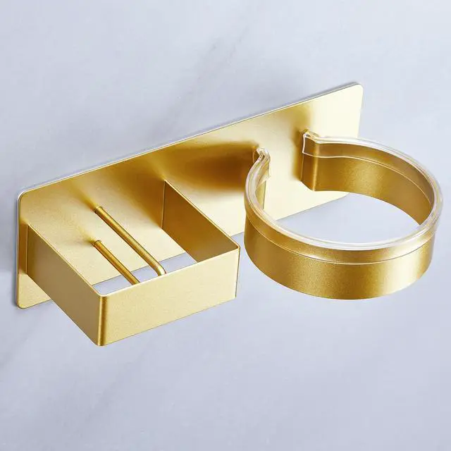 Alt view image 2 of 7 - Wall Mount Hair Dryer and Straightener Holder, Metal Blow Dryer Holder Rack Adhesive, Hairdryer Holder for Bathroom Salon Barber Shops (Gold)