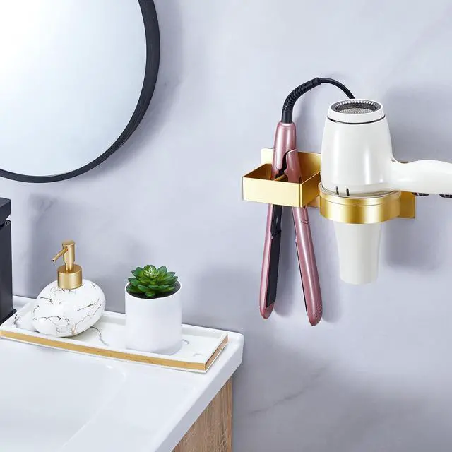 Alt view image 4 of 7 - Wall Mount Hair Dryer and Straightener Holder, Metal Blow Dryer Holder Rack Adhesive, Hairdryer Holder for Bathroom Salon Barber Shops (Gold)