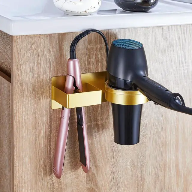 Alt view image 5 of 7 - Wall Mount Hair Dryer and Straightener Holder, Metal Blow Dryer Holder Rack Adhesive, Hairdryer Holder for Bathroom Salon Barber Shops (Gold)