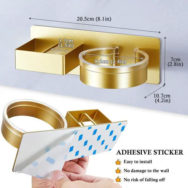 Alt view image 7 of 7 - Wall Mount Hair Dryer and Straightener Holder, Metal Blow Dryer Holder Rack Adhesive, Hairdryer Holder for Bathroom Salon Barber Shops (Gold)
