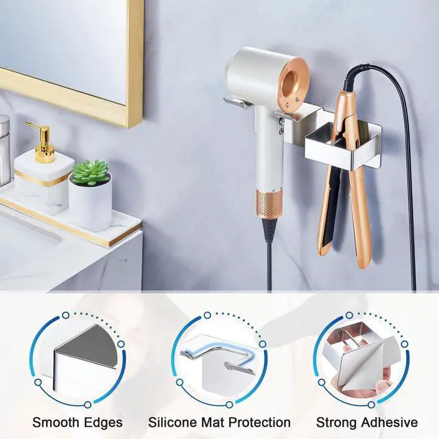 Alt view image 3 of 7 - Hair Dryer Holder Wall Mounted, Hair Straightener Holder Metal, Adhesive Blow Dryer and Hair Straightener Holder, Bathroom Bedroom Hair Tool Organizer for Flat Iron,Curling Iron,Hairdryer (Sliver)