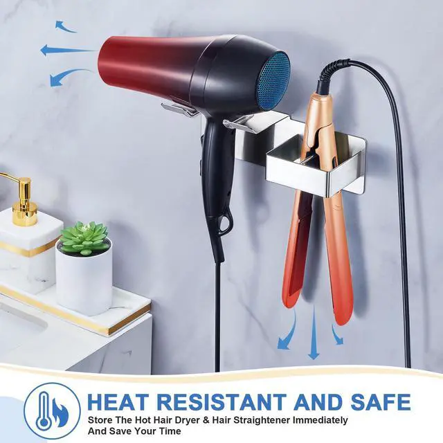 Alt view image 4 of 7 - Hair Dryer Holder Wall Mounted, Hair Straightener Holder Metal, Adhesive Blow Dryer and Hair Straightener Holder, Bathroom Bedroom Hair Tool Organizer for Flat Iron,Curling Iron,Hairdryer (Sliver)