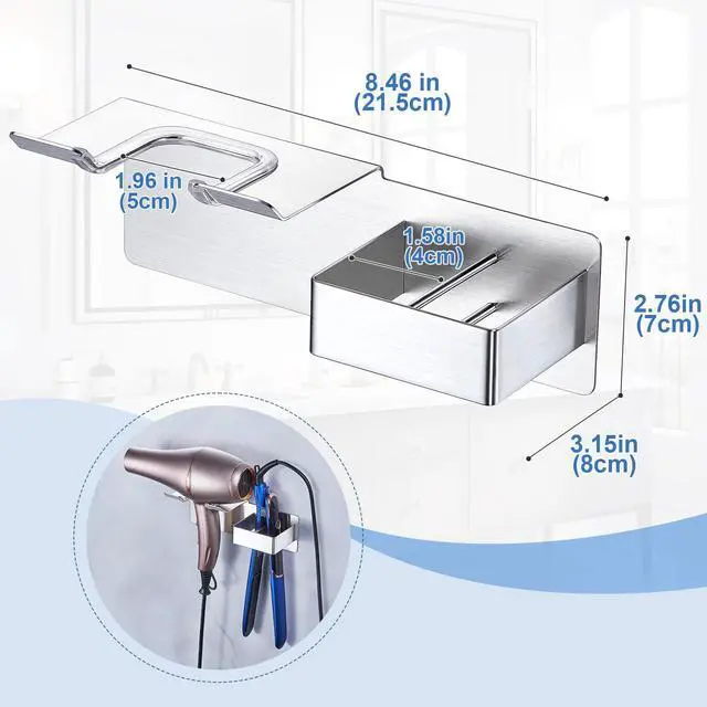 Alt view image 6 of 7 - Hair Dryer Holder Wall Mounted, Hair Straightener Holder Metal, Adhesive Blow Dryer and Hair Straightener Holder, Bathroom Bedroom Hair Tool Organizer for Flat Iron,Curling Iron,Hairdryer (Sliver)