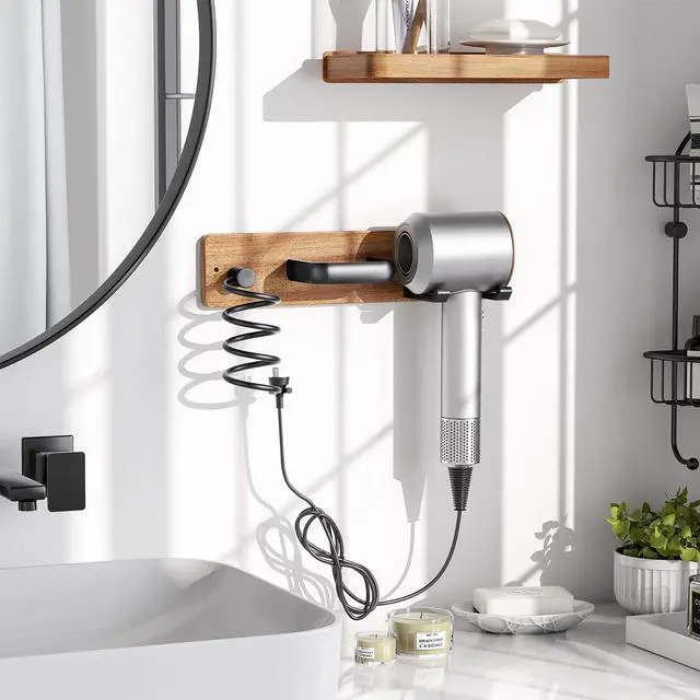 Alt view image 2 of 6 - Tindbea Hair Dryer Holder Curling Iron Holder Flat Iron, Blow Dryer Holder Wall Mount, Bathroom Hair Tool Organizer Rack for Universal Dryer (Sapele Wood Matte Metal, Matte Black)