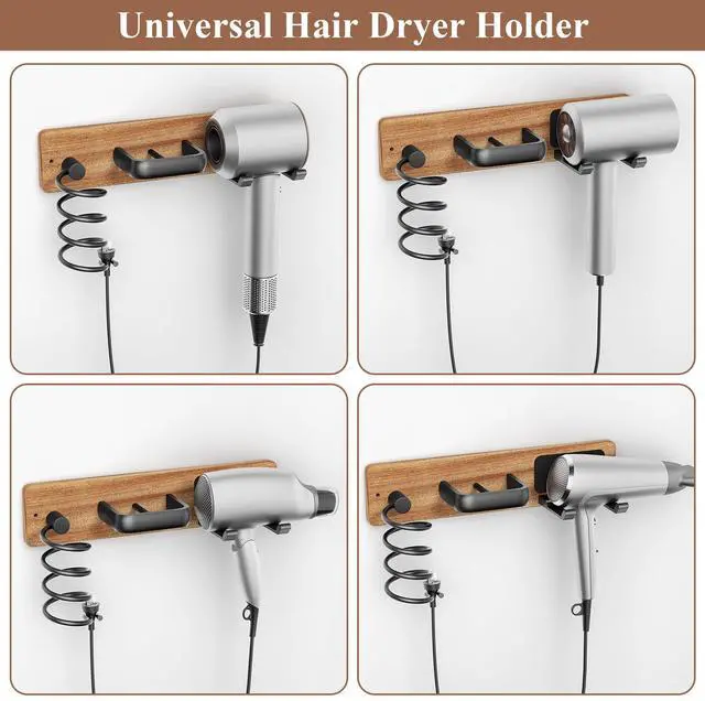 Alt view image 5 of 6 - Tindbea Hair Dryer Holder Curling Iron Holder Flat Iron, Blow Dryer Holder Wall Mount, Bathroom Hair Tool Organizer Rack for Universal Dryer (Sapele Wood Matte Metal, Matte Black)