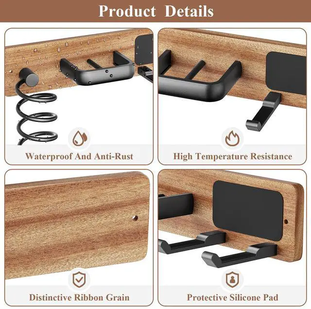 Alt view image 4 of 6 - Tindbea Hair Dryer Holder Curling Iron Holder Flat Iron, Blow Dryer Holder Wall Mount, Bathroom Hair Tool Organizer Rack for Universal Dryer (Sapele Wood Matte Metal, Matte Black)