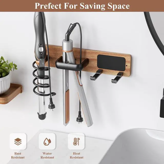 Alt view image 6 of 6 - Tindbea Hair Dryer Holder Curling Iron Holder Flat Iron, Blow Dryer Holder Wall Mount, Bathroom Hair Tool Organizer Rack for Universal Dryer (Sapele Wood Matte Metal, Matte Black)