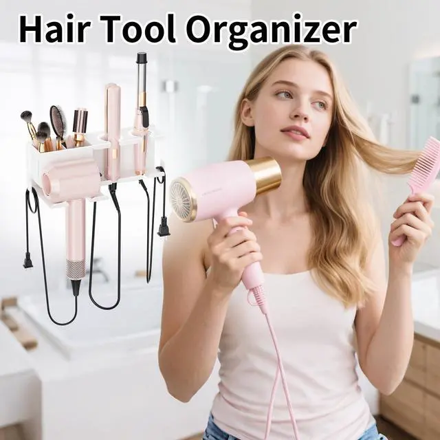 Alt view image 3 of 7 - Hair Dryer Holder, Hair Tool Organizer Wall Mount, Adhesive or Drill, White