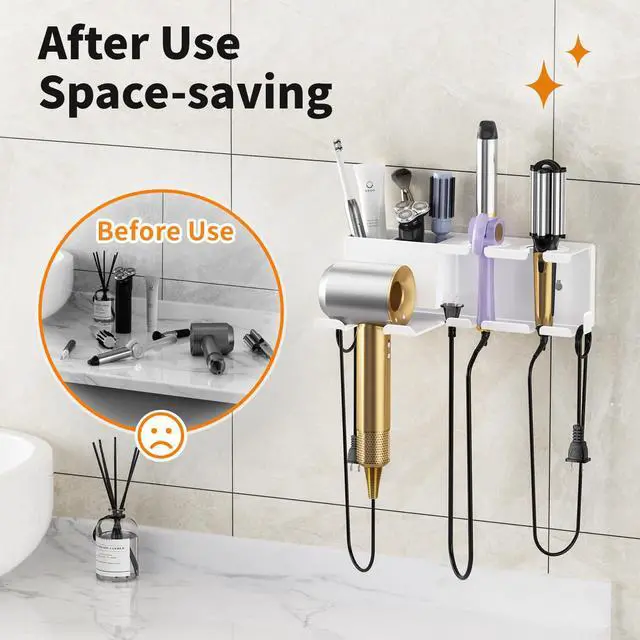 Alt view image 4 of 7 - Hair Dryer Holder, Hair Tool Organizer Wall Mount, Adhesive or Drill, White