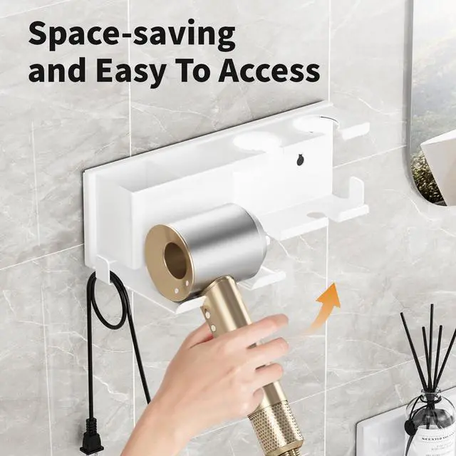 Alt view image 5 of 7 - Hair Dryer Holder, Hair Tool Organizer Wall Mount, Adhesive or Drill, White