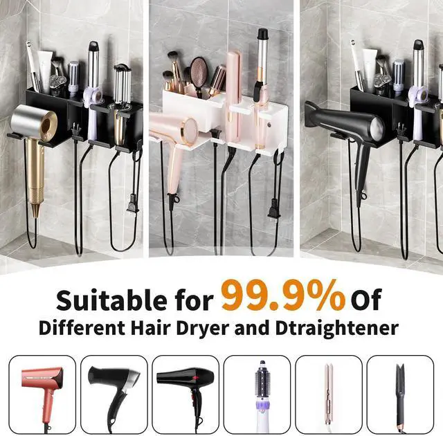 Alt view image 6 of 7 - Hair Dryer Holder, Hair Tool Organizer Wall Mount, Adhesive or Drill, White