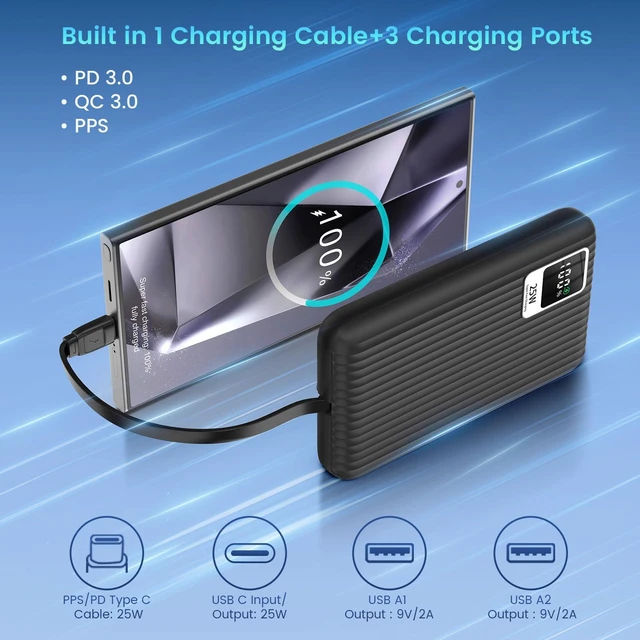 Alt view image 2 of 7 - 25W Super Fast Charging Portable Charger 10000mAh Power Bank,Built in Cable | 10000mAh Slim USB C Power Bankfor Samsung GalaxyS26 Ultra/S26/S26+/S25 Ultra/S25/S24 Ultra/S24/S23 Ultra/S22 Ultra/Note 20