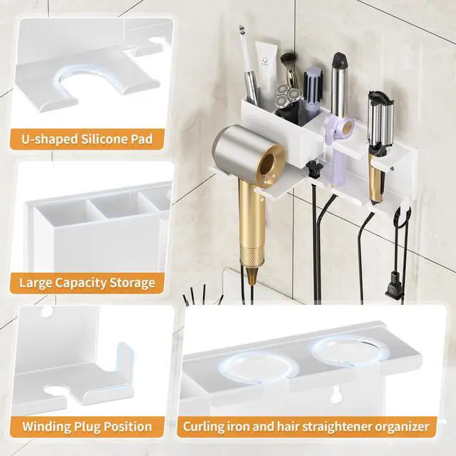 Alt view image 7 of 7 - Hair Dryer Holder, Hair Tool Organizer Wall Mount, Adhesive or Drill, White